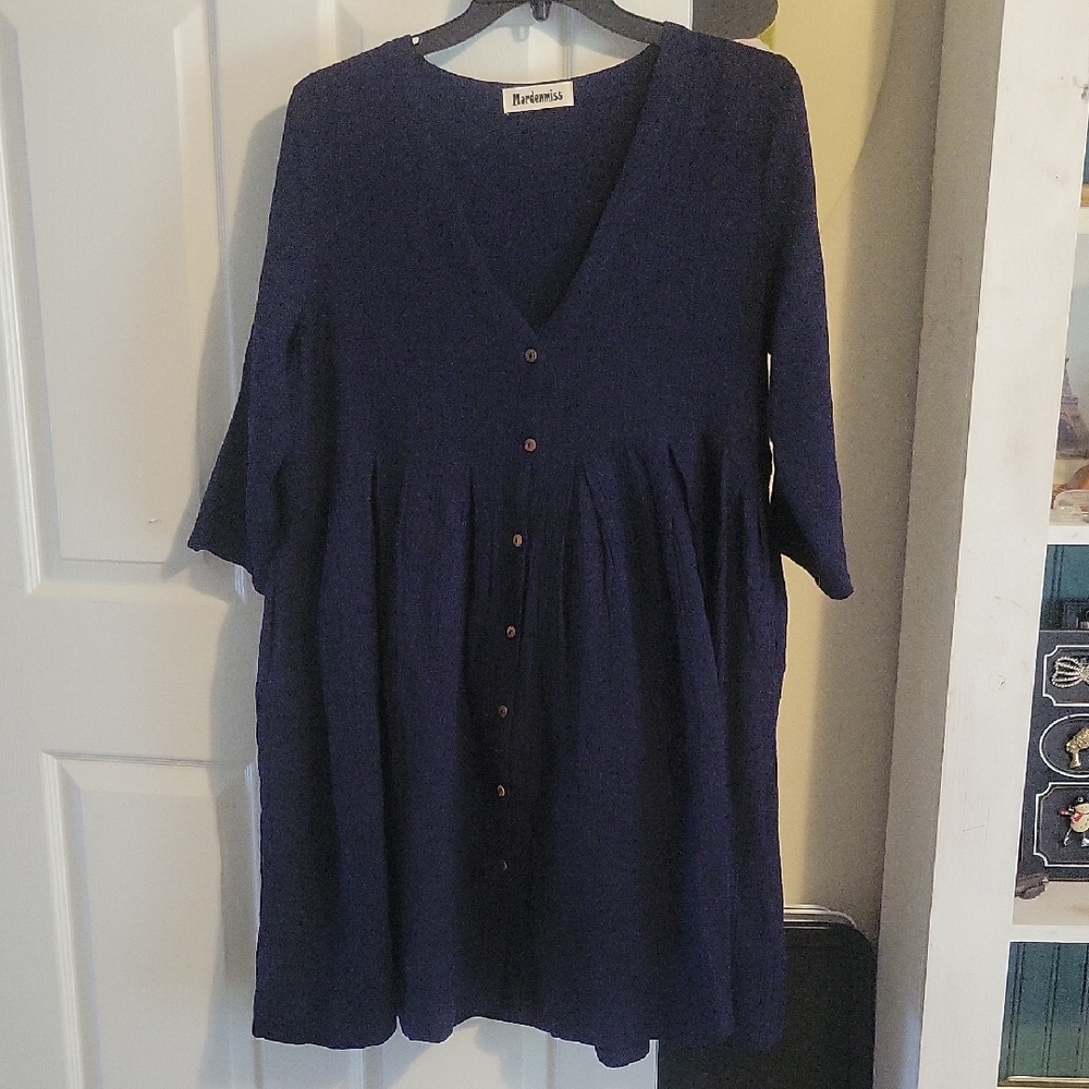 Mordenmiss Navy Crepe Button-Front V-Neck Long Sleeve Dress with pockets